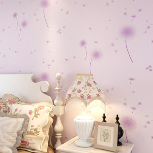 韩式田园淡紫色蒲公英自粘无纺布3d立体墙纸浪漫温馨卧室粉色壁纸