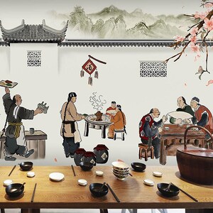 古代山水人物水墨画墙纸复古壁画传统私房菜馆中式串串火锅店壁纸