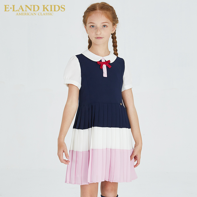 女童连衣裙 elandkids衣恋童装2019年夏季新品英伦学院风撞色拼接