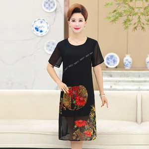 【仿真丝连衣裙女夏中老年图片】仿真丝连衣裙