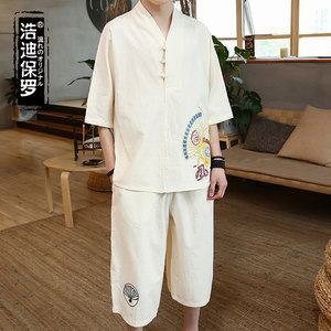 中国风唐装男士短袖亚麻衬衫夏季男装宽松棉麻