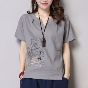 妈妈装夏装棉麻短袖T恤衫中年女装亚麻上衣中