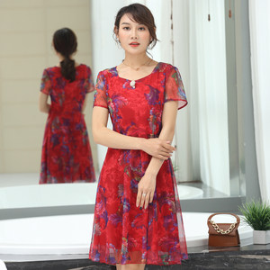 中老年女装40岁50夏装新款中长款真丝连衣裙