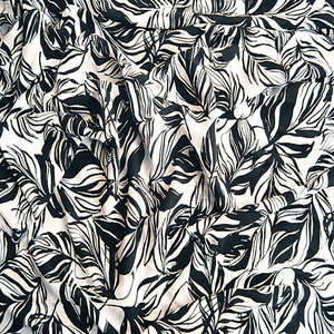 乱麻印花布料 白底黑叶 仿真丝面料单层微微透 夏季品牌服装料