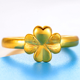 富艺珠宝足金首饰四叶草黄金戒指结婚戒指3d硬黄金女款戒指 f011