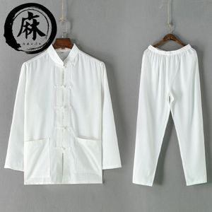 夏季男唐装亚麻套装青年长袖外套中式居士服棉