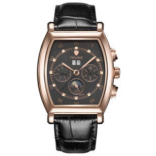 瑞士新款休闲全自动机械手表男士防水方形大表盘真皮镂空日历星期