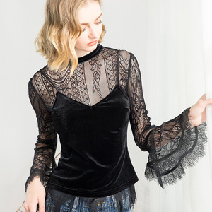 流苏蕾丝长袖 span class=h>打底衫 /span>女2018秋冬修身喇叭袖透视