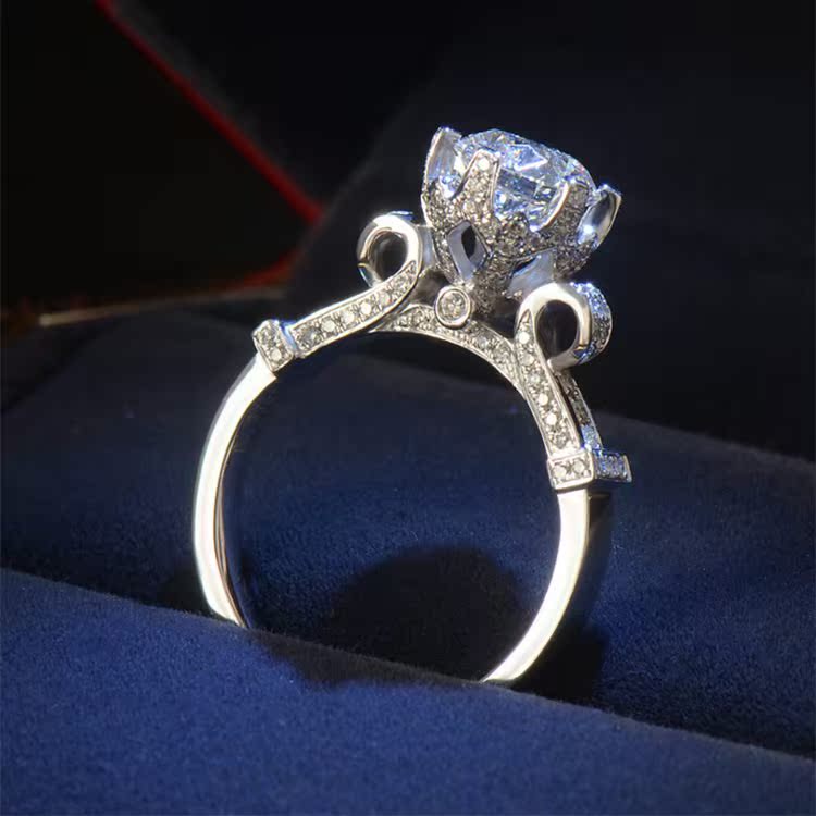 纯银S925奢华版群镶圆形皇冠花杯戒指结婚高仿钻戒指女手饰