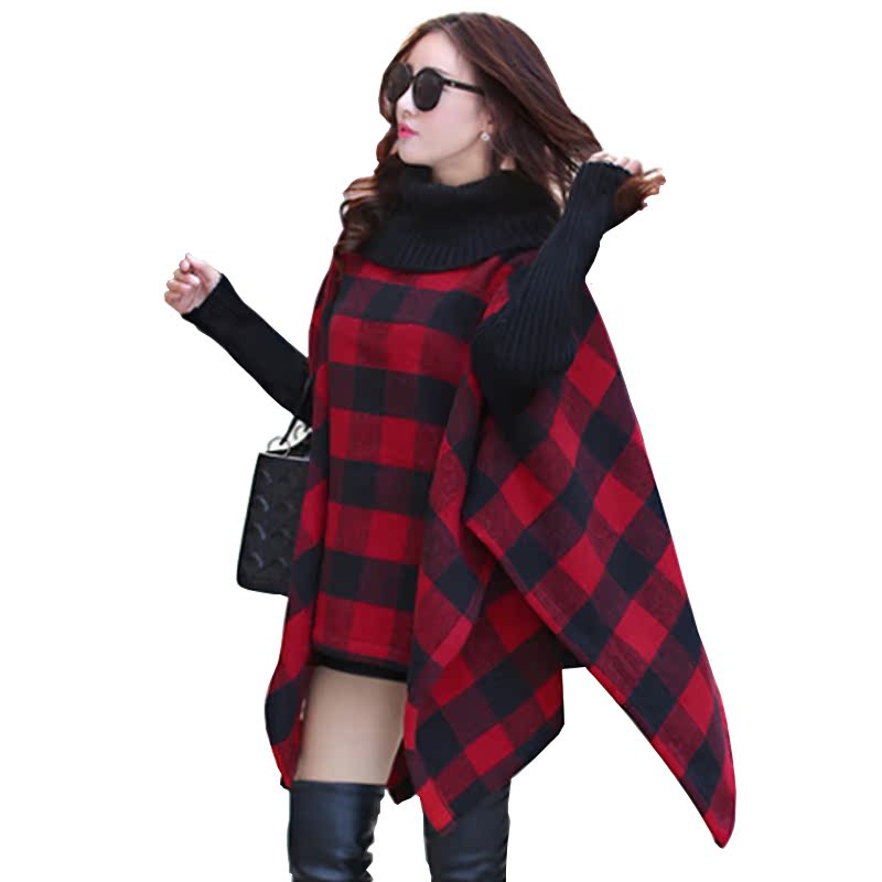 新款针织拼接格子斗篷大码女装