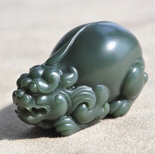 精品和田玉格尔木一级细料青玉蓝底貔貅手把件辟邪招财男款收藏