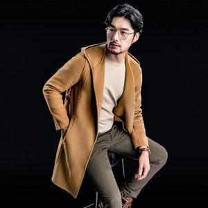 冬季男士毛呢大衣英伦风双面呢羊绒大衣中长款修身连帽呢子外套男