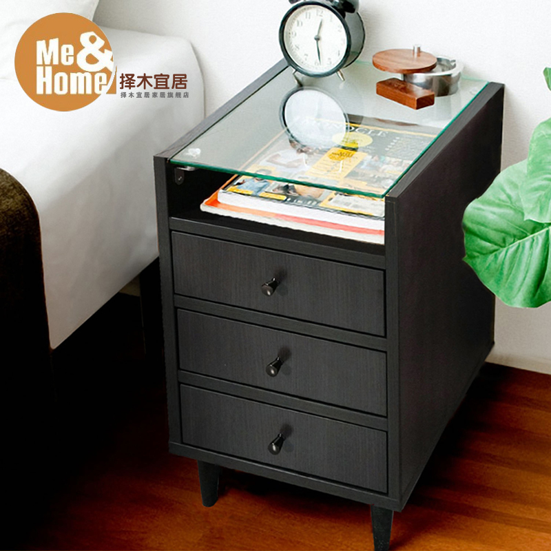 择木宜居 卧室简约现代钢化玻璃床头柜简易创意边柜收纳柜储物柜