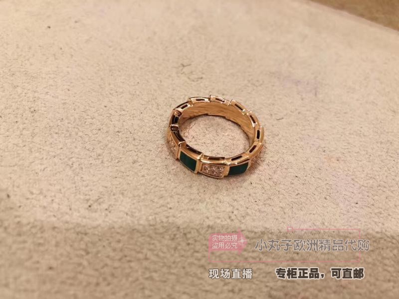 正品Bvlgari/宝格丽 serpenti蛇形蛇骨戒指绿孔雀石镶钻男女折扣