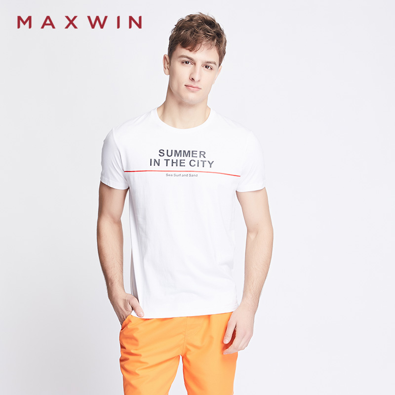 MAXWIN马威夏季休闲舒适上衣男士全棉印花圆领短袖T恤172142307