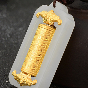 和田玉足金 金镶玉转运筒 观音佛 时来运转百福玉坠吊坠