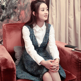 明星蓝胭脂赵丽颖电视剧同款连衣裙2016胭脂发布会粗花呢背心裙女