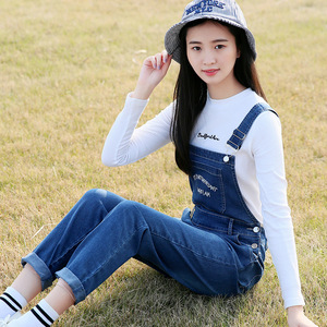 12 14 16岁春秋青少年大童少女吊带长裤初高中学生百搭牛仔背带裤