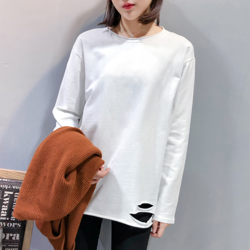 2018秋冬新款韩版白色长袖t恤破洞加绒打底衫宽松中长款上衣女潮
