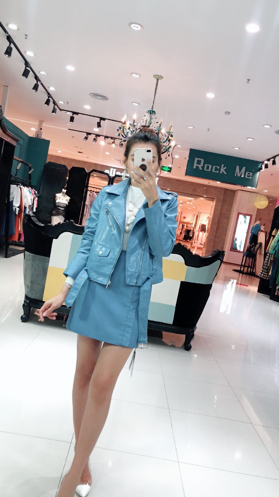 Rock Me女装 2018新款韩版修身气质水洗皮夹克外套短款女士三件套
