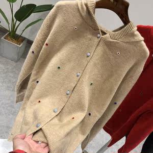 2018春秋新款0068彩色小圈圈条纹 span class=h>包扣 /span>连帽毛线