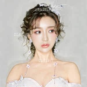 水舞服新娘头饰羽毛鲜花一体蓝色秀禾服新婚旗