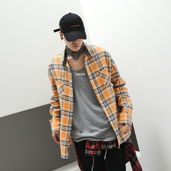 国潮高品质justinbieber巡演高街潮黄格网红休闲加长宽松长袖衬衫