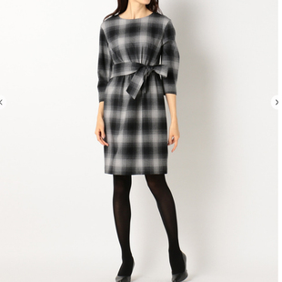国内代购 23区 onward 秋冬新款女装经典格子圆领系带羊毛连衣裙