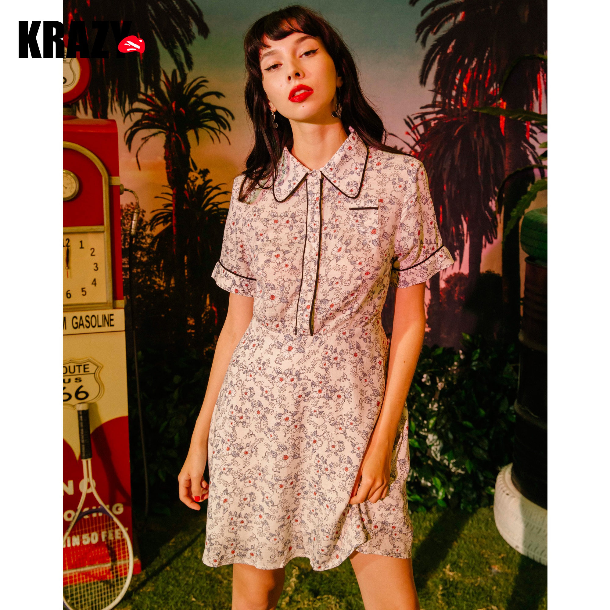 Krazy精巧撞色设计衬衫式POLO领柔软舒适纯棉清新淡雅印花连衣裙