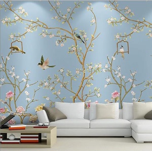 家具装修壁纸 卧室客厅电视背景墙墙纸 手绘花鸟大型无缝壁画墙布