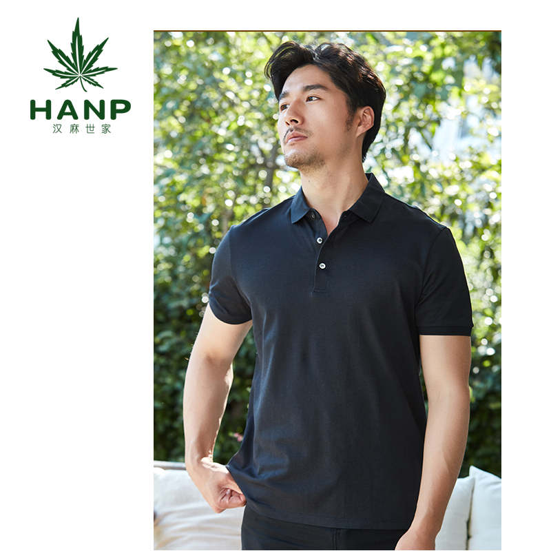 Hanp/汉麻世家棉麻男装体恤黑男t翻领短袖男t恤宽松保罗T恤衫中年