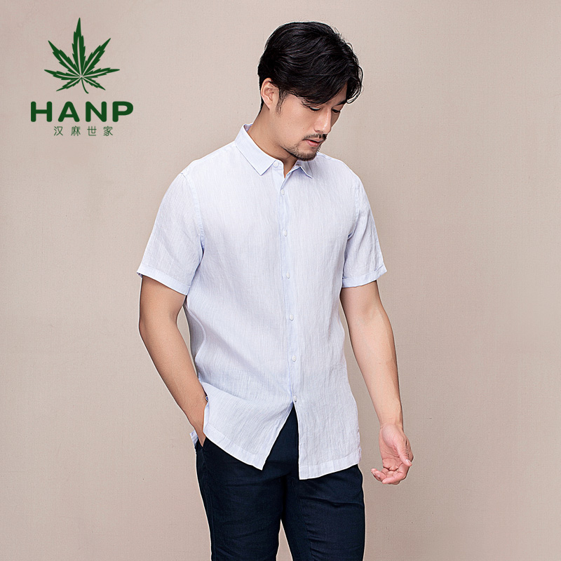 Hanp/汉麻世家亚麻男短袖衬衣男青年时尚纯色商务休闲衬衫男透气