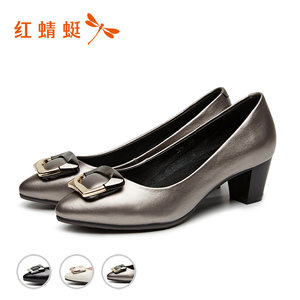 红蜻蜓女鞋2017秋季新款羊皮细跟高跟浅口尖