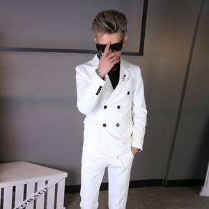 白色小西装男 英伦青年双排扣婚礼西装夜店男公关西服外套 有套装