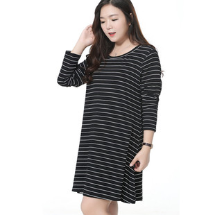 大码连衣裙 春季长袖加肥加大码女装250斤条纹连衣裙 胖mm连衣裙
