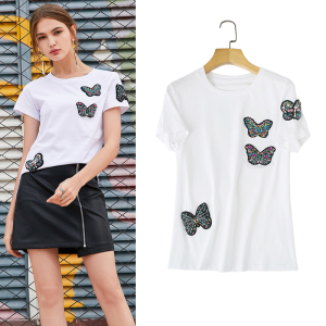 2019春夏季 新款立体串珠蝴蝶图案 span class=h>t恤 /span>女气质