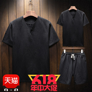 夏季男士中国风棉麻短袖短裤家居服睡衣亚麻套