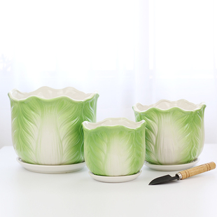 陶瓷花盆 田园创意绿色大白菜三件套有孔带托盘绿植盆栽新品包邮