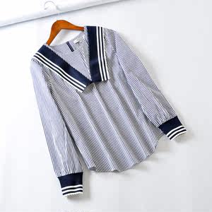 包邮2018春新品女装 海军风条纹长袖v 型 圆领显瘦宽松衬衫上衣