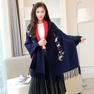 梅花流苏宽松斗篷大披肩外套中长开衫女韩版