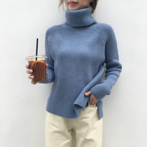 韩版宽松高领子前短后长开叉雾霾蓝 span class=h>毛衣 /span>女简单
