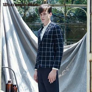 菀草壹2019男装春装新款麻棉格纹青年潮流西装