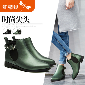 红蜻蜓女鞋2017秋冬新款马丁靴短筒女靴真皮