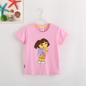 朵拉图案儿童t恤女童童装小宝宝全棉短袖夏大童衣服粉红色t卡通