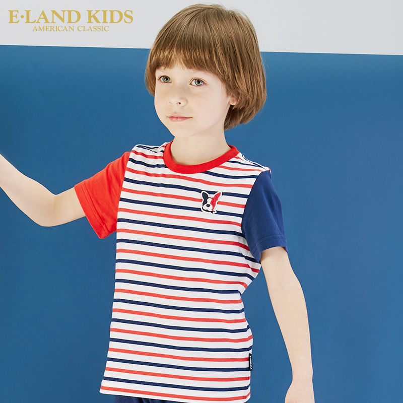 elandkids衣恋童装儿童2018年夏季新款mini男童条纹撞色短袖T恤