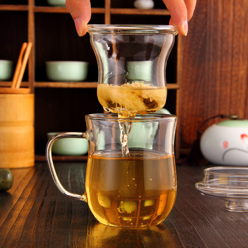 加厚耐热套装玻璃泡茶杯透明带盖过滤花茶杯子家用男女办公水杯