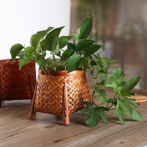 创意竹编收纳篮 桌面手工编织花盆套复古花篓盆栽绿植吊篮田园风