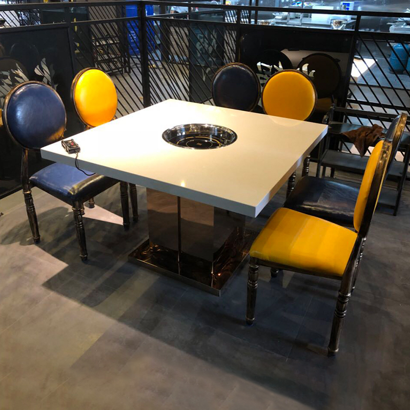 实木复古大理石电磁炉一体火锅桌椅煤气灶串串火锅桌定制商用方桌