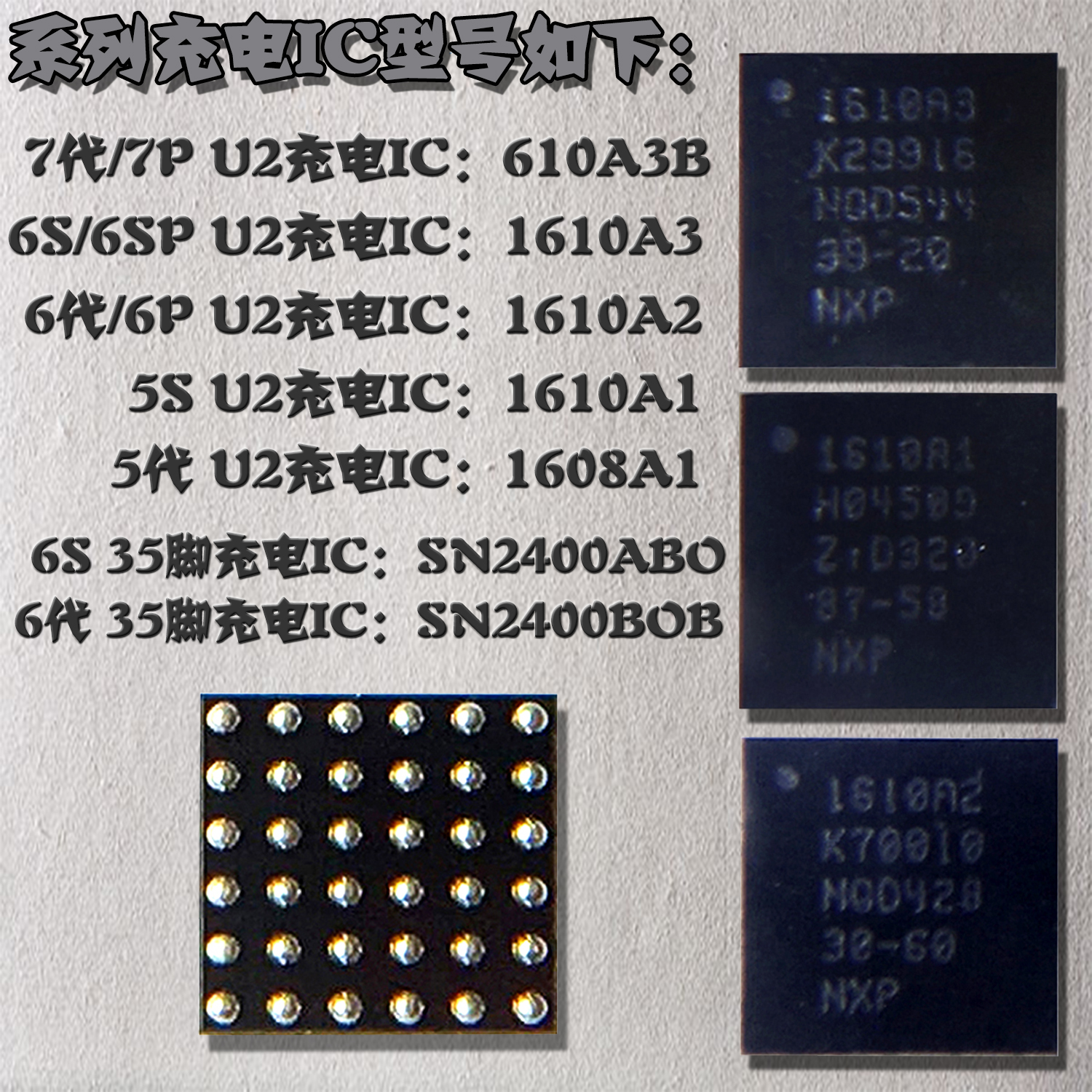 苹果5代5s u2充电ic 7代 6代6s显示 1608a1 1610a2 1610a3灯控a3b