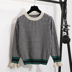 格子针织上衣女长袖图片